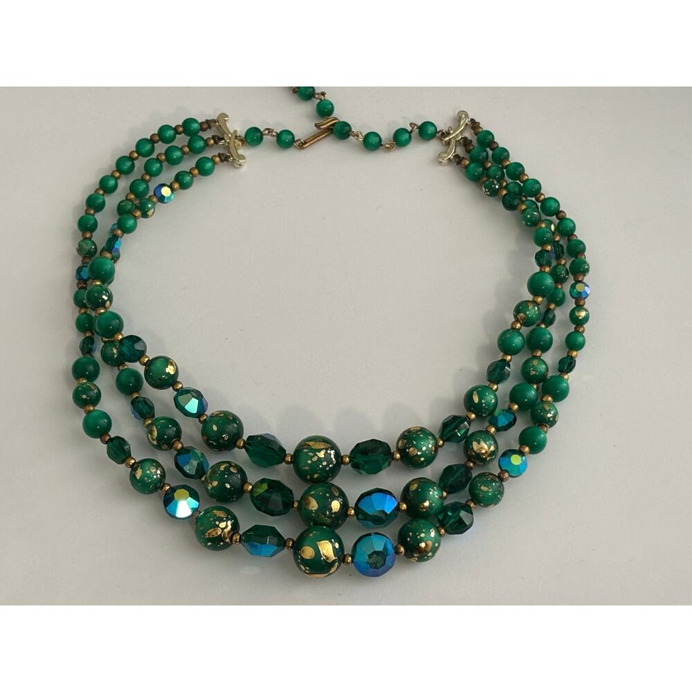 Vintage Triple Strand Necklace Green Moonglow, Aurora Borealis Beads